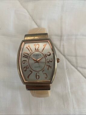 STUDIO Rose Gold-Tone  Watch with Cream Strap. Worn, needs battery